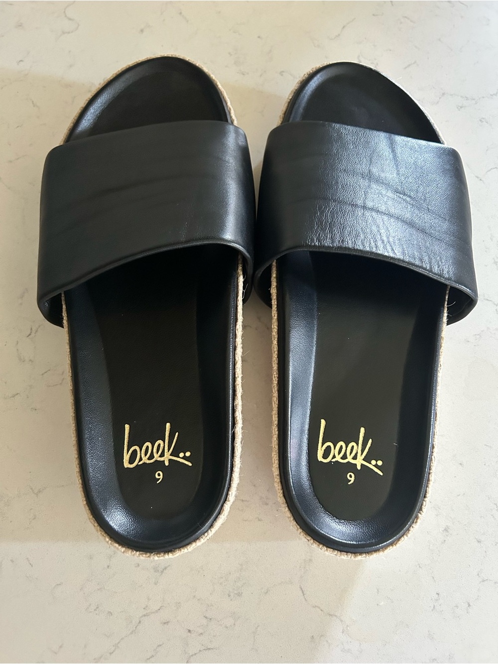 Like New Beek Pelican Jute Black Leather Platform Slide Sandals - Picture 12 of 16